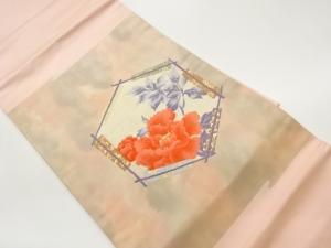 牡丹に扇・亀甲模様織出し名古屋帯